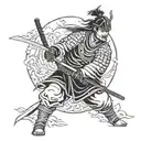 Samurai in armor with katana in Hanya mask tattoo design idea