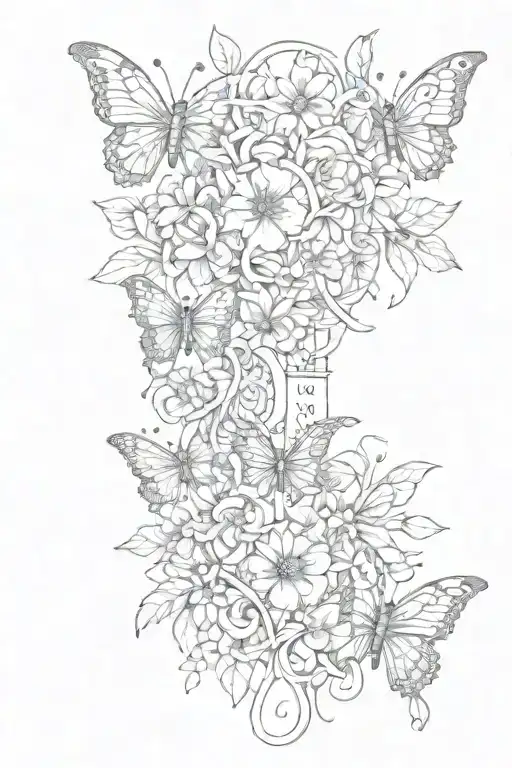 Leg tattoo, Aries, Gemini, Aquarius, Lillie flowers, 2003 numbers, multiple butterflies. tattoo design idea