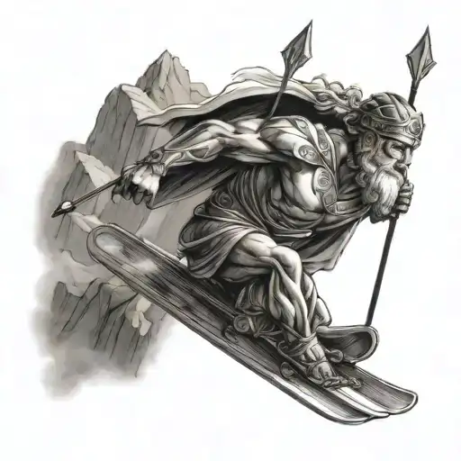 A majestic Greek god skiing down a mountain with a halo of light around their head tattoo design idea