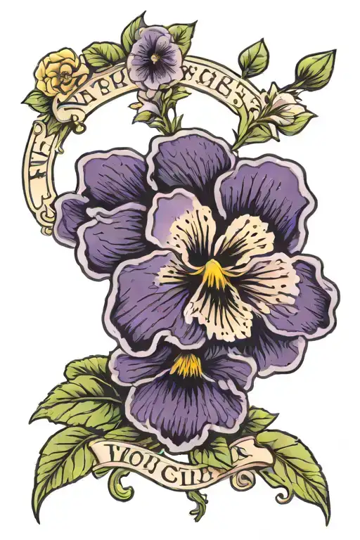 viola flower and name written tattoo design idea