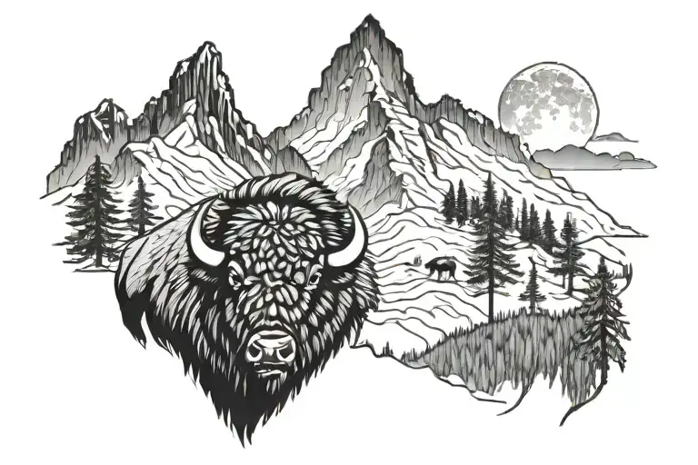 bison feathers Mountain scene tattoo design idea