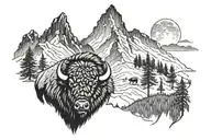 bison feathers Mountain scene tattoo design idea