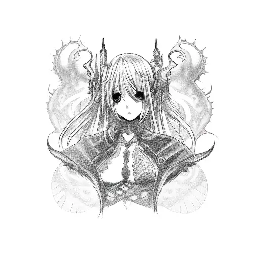A sketchy blackwork tattoo of a gothic-inspired illustration of a hentai character, incorporating elements of music and cosplay tattoo design idea