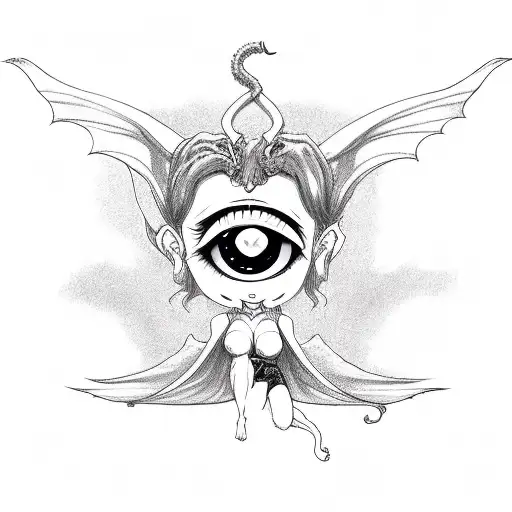 a chibi succubus, with heart shaped eye pupils and heart shaped tail striking a revealing pose in a lewd swimsuit with a tattoo design idea