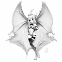 a chibi succubus, with heart shaped eye pupils and heart shaped tail striking a revealing pose in a lewd swimsuit with a tattoo design idea