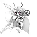 a chibi succubus, with heart shaped eye pupils and heart shaped tail striking a revealing pose in a lewd swimsuit with a tattoo design idea
