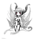 a chibi succubus, with heart shaped eye pupils and heart shaped tail striking a revealing pose in a lewd swimsuit with a tattoo design idea