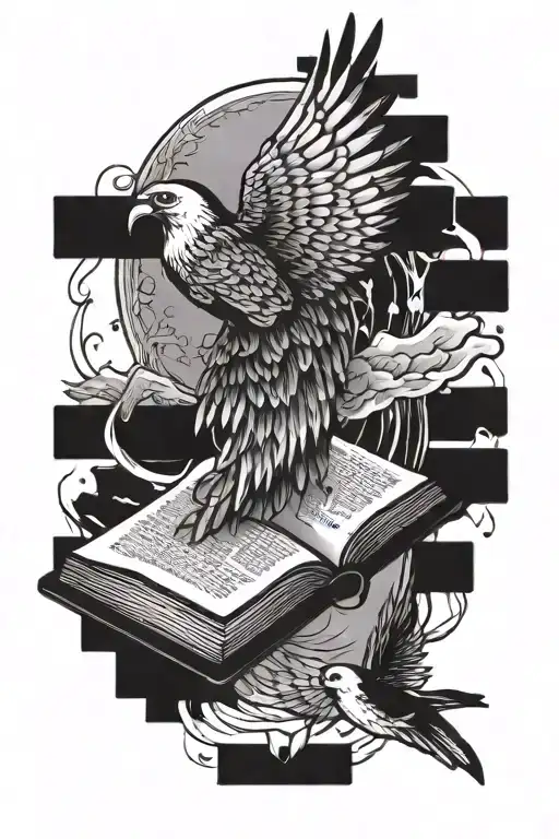 single bird wing with a book open and birds flying away tattoo design idea