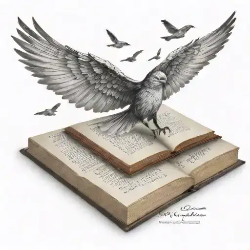 a single wing left one, with a small book open with pages becoming small flying birds tattoo design idea