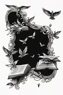a single wing left one, with a small book open with pages becoming small flying birds tattoo design idea