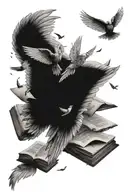 a single wing left one, with a small book open with pages becoming small flying birds tattoo design idea