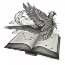 a single wing left one, with a small book open with pages becoming small flying birds tattoo design idea