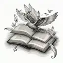 a single wing left one, with a small book open with pages becoming small flying birds tattoo design idea