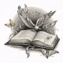 a single wing left one, with a small book open with pages becoming small flying birds tattoo design idea