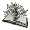 a single wing left one, with a small book open with pages becoming small flying birds tattoo design idea