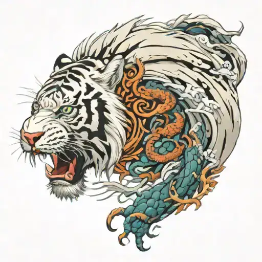angry white tiger  with japanese dragon surrounding it  tattoo design idea