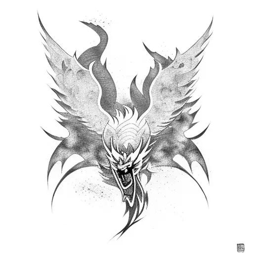 Fenghuang phoenix tattoo in the Chinese calligraphy style with  ink splatters tattoo design idea