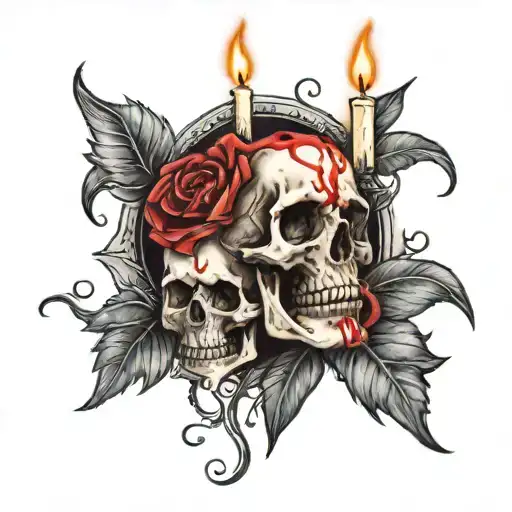 Skull, intertwined roses in the background, burned candle in the foreground tattoo design idea