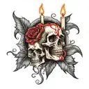Skull, intertwined roses in the background, burned candle in the foreground tattoo design idea
