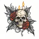 Skull, intertwined roses in the background, burned candle in the foreground tattoo design idea
