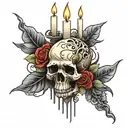 Skull, intertwined roses in the background, burned candle in the foreground tattoo design idea