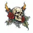 Skull, intertwined roses in the background, burned candle in the foreground tattoo design idea