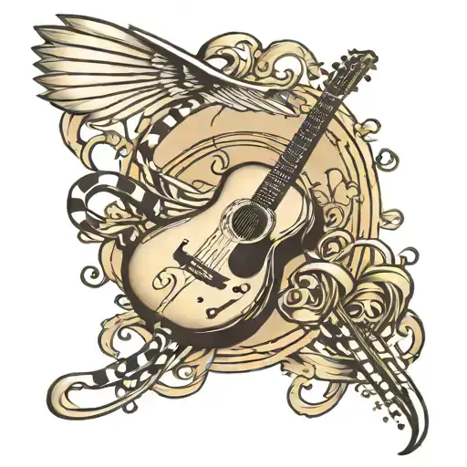 A tattoo design of a parachute morphing into a guitar neck, with musical notes floating around it to symbolize your passion for music and skydiving tattoo design idea