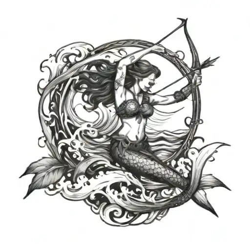 A mystical mermaid with a bow and arrow, representing Sagittarius, shooting through a wave tattoo design idea