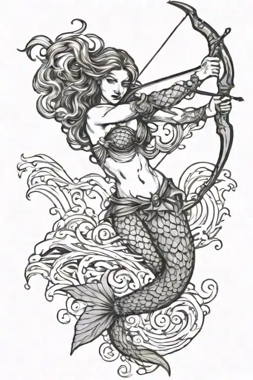 A mystical mermaid with a bow and arrow, representing Sagittarius, shooting through a wave tattoo design idea