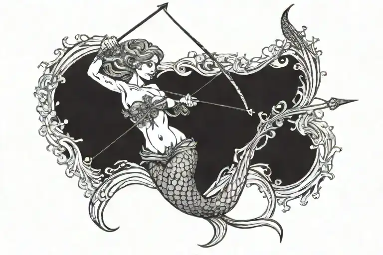 A mystical mermaid with a bow and arrow, representing Sagittarius, shooting through a wave tattoo design idea