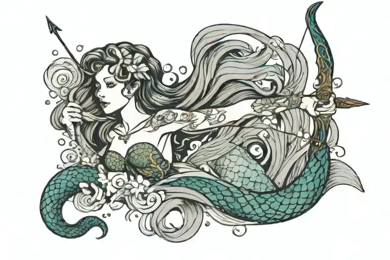 A mystical mermaid with a bow and arrow, representing Sagittarius, shooting through a wave tattoo design idea