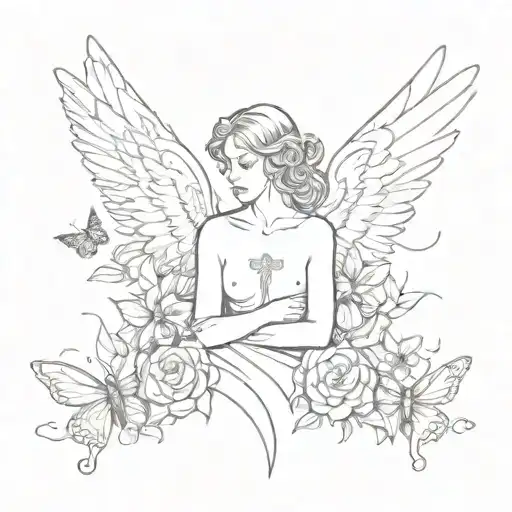 masculine tattoo that says Mom with a guardian angel and butterflies  tattoo design idea