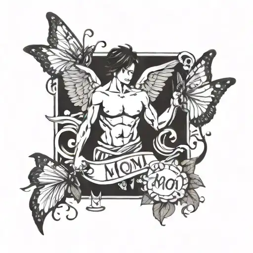 masculine tattoo that says Mom with a guardian angel and butterflies  tattoo design idea