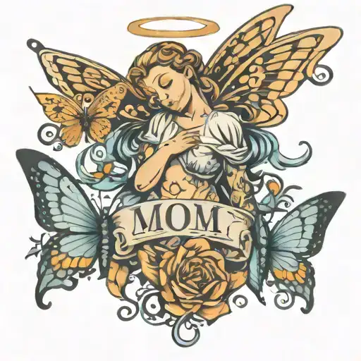 masculine tattoo that says Mom with a guardian angel and butterflies  tattoo design idea