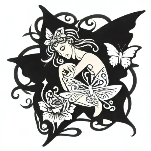 masculine tattoo that says Mom with a guardian angel and butterflies  tattoo design idea