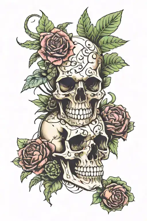 Skull and mushrooms and plants and succulents neo tattoo design idea