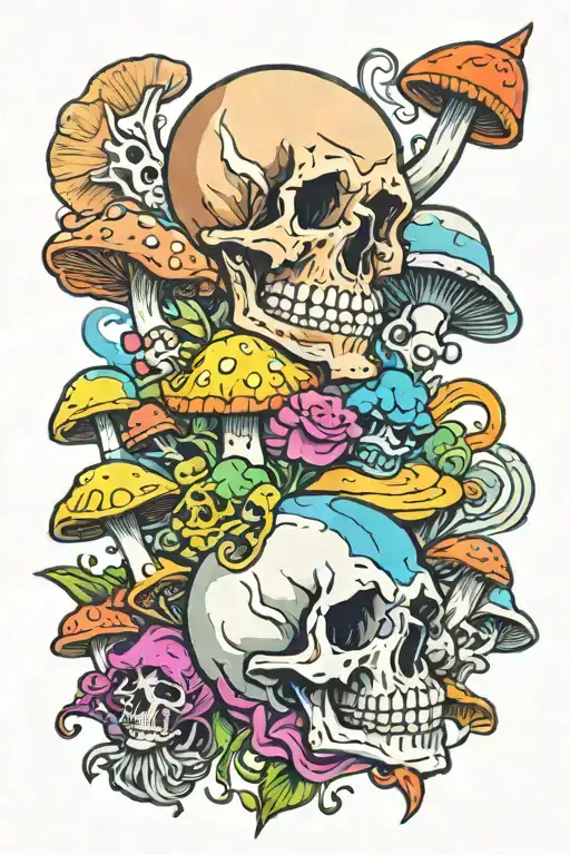 Multicolor Skull and mushrooms  tattoo design idea