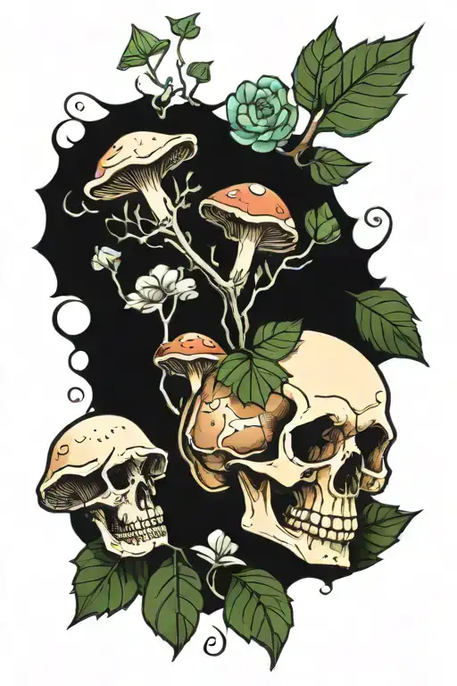 Mushrooms, succulents, leaves in a human skull  tattoo design idea