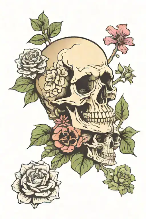 Skull and mushrooms and plants and succulents neo tattoo design idea