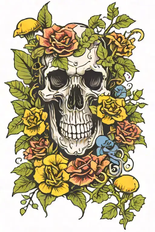Multicolor Skull and mushrooms and plants and succulents neo tattoo design idea