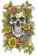 Multicolor Skull and mushrooms and plants and succulents neo tattoo design idea