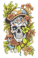 Multicolor Skull and mushrooms and plants and succulents neo tattoo design idea