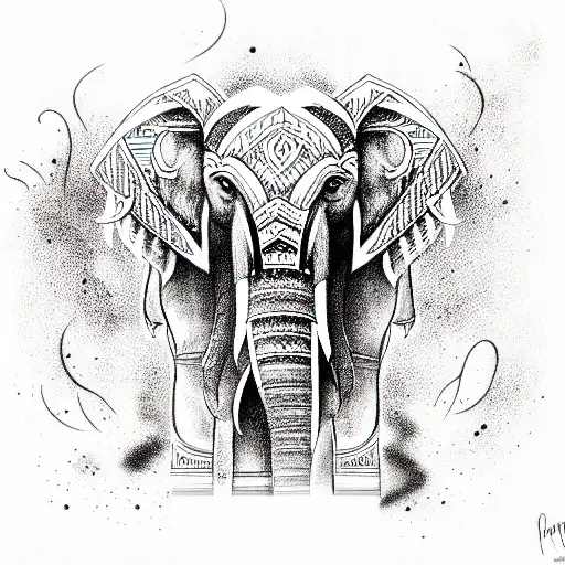 Elephant indian Aquael style with tribal on the fog tattoo design idea