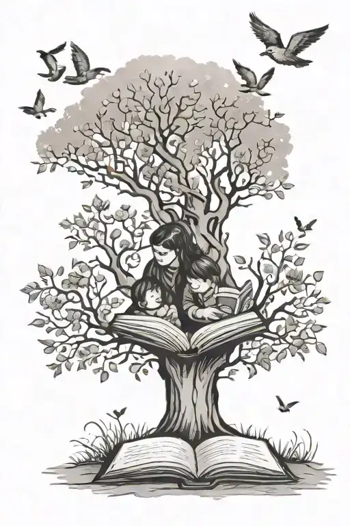 An elegant tattoo of a mother and child reading together under a magical Harry Potter-inspired tree, showcasing your love for books and your kids tattoo design idea
