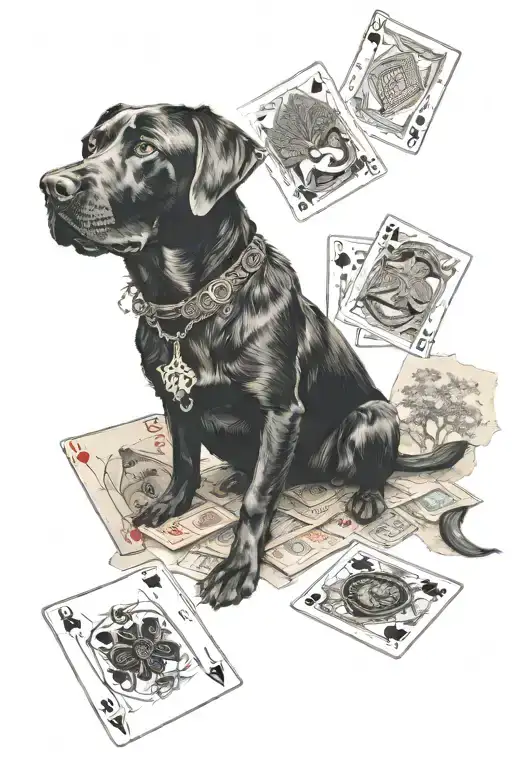 black labrador retriever sitting, a desk of cards under him, wearing a lucky 7 necklace, with trees behind him tattoo design idea