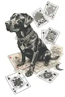 black labrador retriever sitting, a desk of cards under him, wearing a lucky 7 necklace, with trees behind him tattoo design idea
