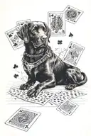 black labrador retriever sitting, a desk of cards under him, wearing a lucky 7 necklace, with trees behind him tattoo design idea