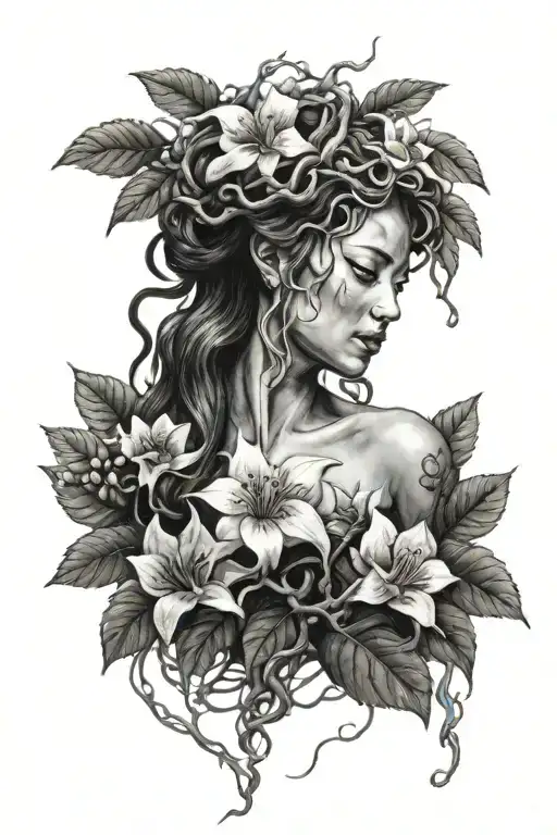 medusa realism ribs tattoo with japan cherry leaves and flower in bqckground tattoo design idea