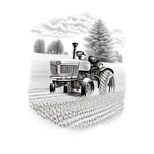 A realistic depiction of with a John Deere tractor plowin a field and rows of corn in the background  tattoo design idea