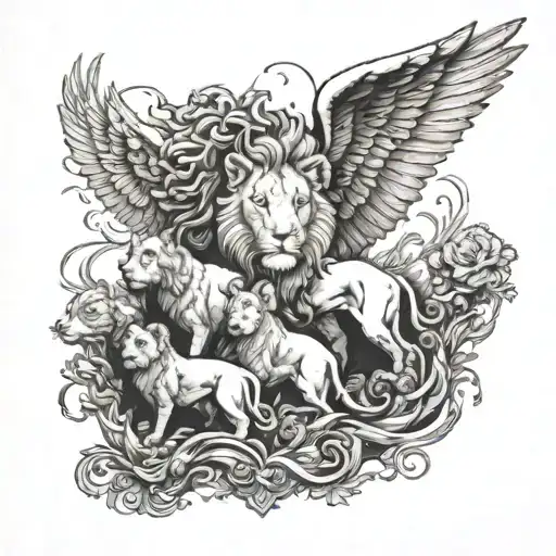story of Daniel in the lions den with Daniel in the middle of three lions and an angel watching over him  tattoo design idea